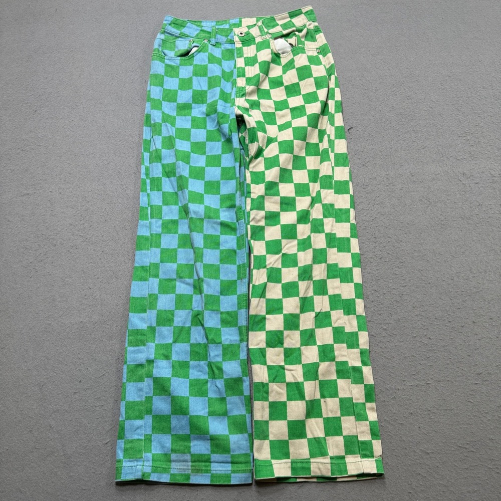 Ragged Jeans Womens 28 Green Blue Denim High Rise Checkered Wide Leg Retro Funky